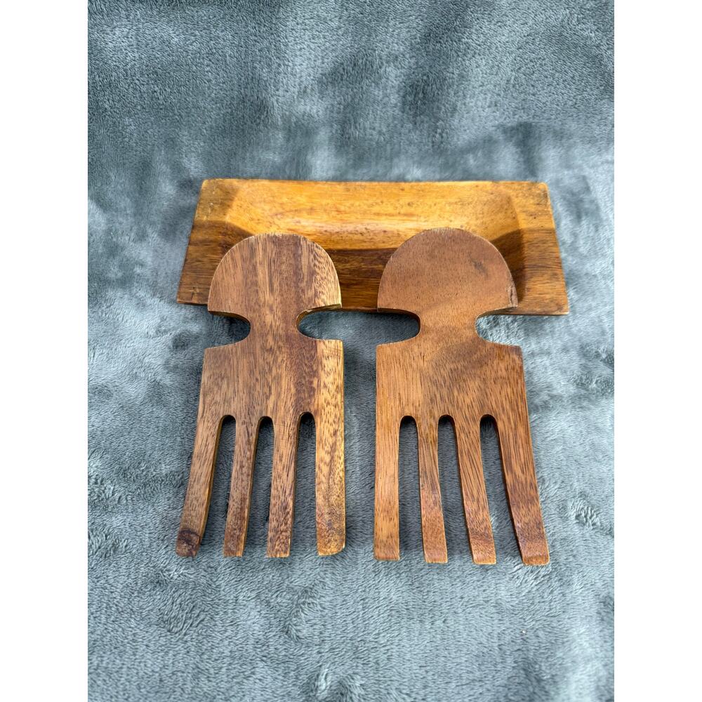 Signed Monkey Pod Wood Salad Hands Serving Set Tray 3pc Folk Art Carved 1960s